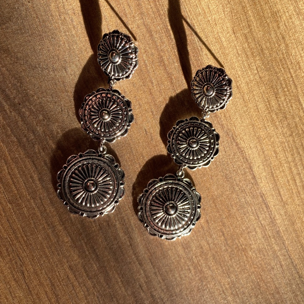 Silver Medallion Flower Drop Earrings